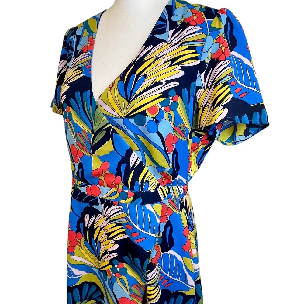 J CREW Mercantile Faux Wrap Dress Floral‎ Print Sz 10 Short Sleeve Office Work